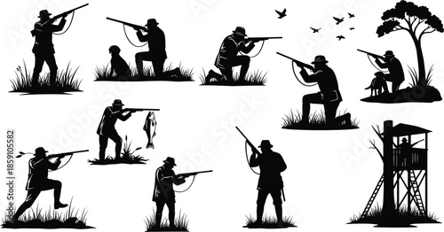 Collection of hunting silhouette vector illustrations featuring hunters, dogs, rifles, fishing, bird hunting, tree stand, and outdoor wilderness scenes