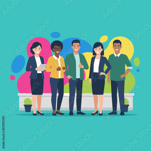 Diverse business team smiling in a colorful modern office Teamwork success and professional collaboration concept