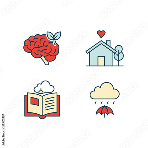 Vector flat line icon set representing essential life concepts mental growth, home love, education, and protection. Features brain with leaf, house, book, and umbrella.