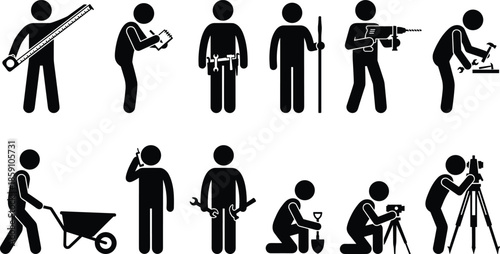 Construction worker icons set, engineering and labor activity silhouettes, tools and equipment pictograms, professional workforce symbols for industrial, building, and technical projects