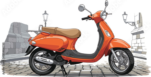 Vibrant Orange Moped with Old European Street Elements in Morning Light.