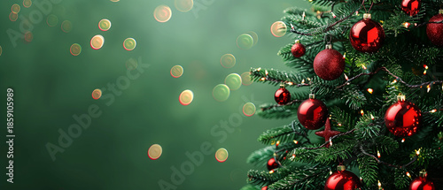 Cinematic Christmas background with a decorated evergreen tree featuring glossy red ornaments and delicate festive details, shimmering bokeh lights fl