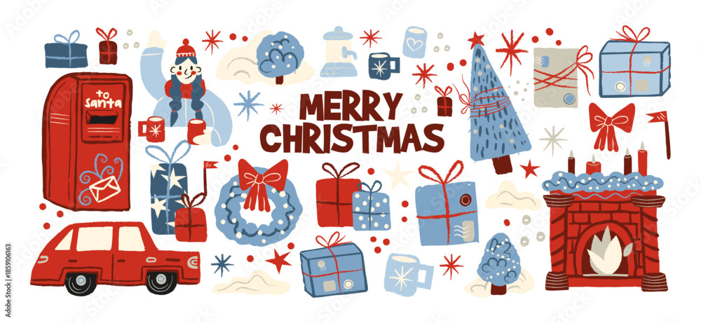 Naklejka premium Christmas stickers in retro cartoon style. Holiday new year elements: gifts, candy canes, wreaths. Snowman, reindeer, car with presents, festive sweets. Illustration in retro cartoon style