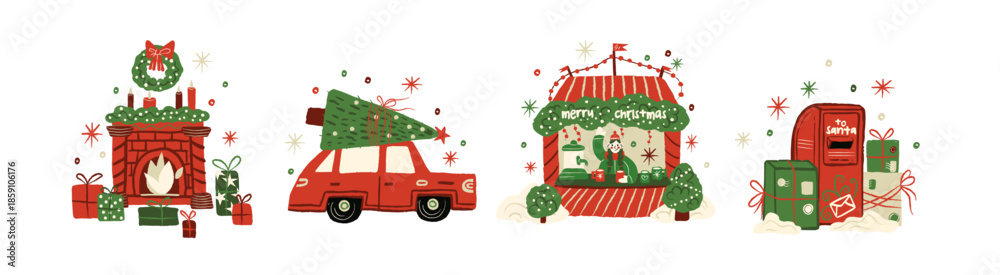 Naklejka premium Christmas holiday compositions in cartoon style. Fireplace with gifts, car with tree, festive market booth and mail box decor. Cozy winter collection with warm seasonal details for cheerful holiday