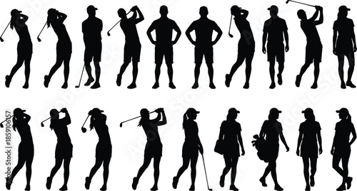 Golf player silhouette set, male and female golfer poses, swing and walking actions, sports activity icons for fitness, competition, training, and recreation design