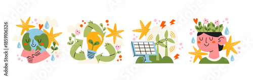 Fotografie Eco energy sticker set in cartoon style