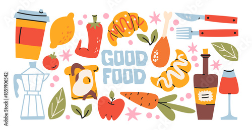 Breakfast food stickers in retro cartoon style. Croissant, coffee cup, pepper, sausage, vegetables, wine glass, moka pot and kitchen utensils. Cozy cafe food elements, trendy cooking shapes