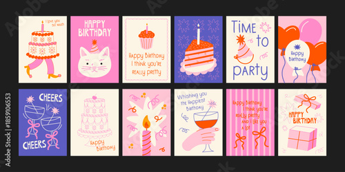 Birthday posters in retro cartoon style. Festive decor: cakes, candles, balloons. Party hats, gifts, greetings and celebration postcard. Minimalist wall banners for birthdays and holiday decoration