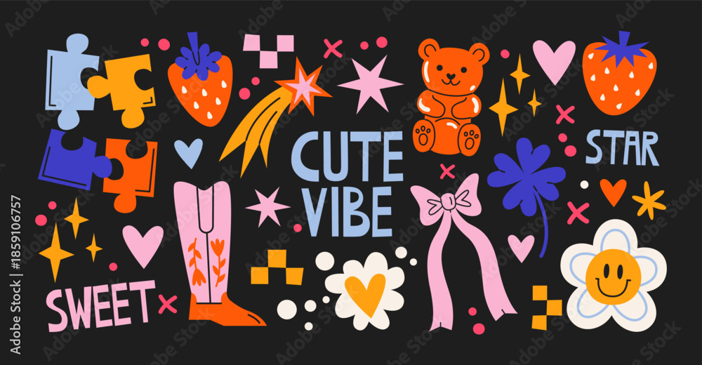 Fototapeta premium Cartoon doodle y2k patches, labels, tags, stickers, stamps in retro. Groovy cute stickers in funky hipster grunge 90s style. Vector set, trendy promo labels