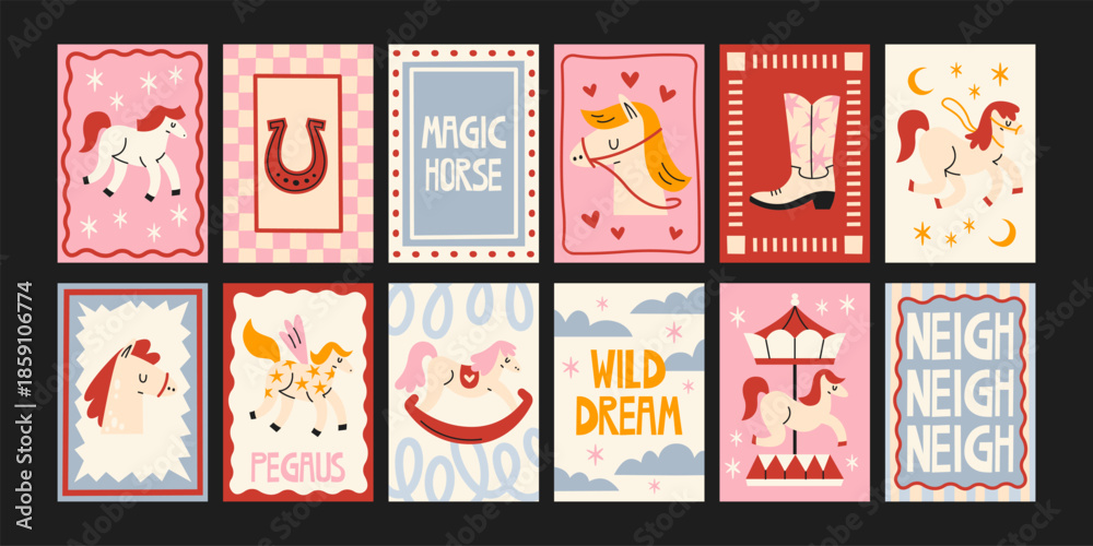 Naklejka premium Pegasus and magic horse posters in retro cartoon style. Mythical postcards: winged horses, stars, clouds. Enchanted pony collection with fantasy creatures, dreamy accents and playful mystical motifs