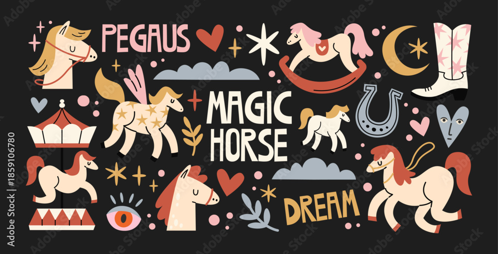 Naklejka premium Pegasus and magic horse pets in retro cartoon style. Mythical elements: winged horses, stars, clouds. Enchanted pony collection with fantasy creatures, dreamy accents and playful mystical motifs