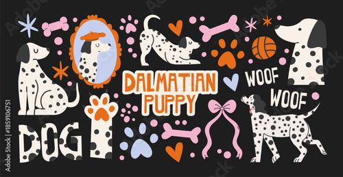 Tableau sur toile Dalmatian puppy characters in retro cartoon style