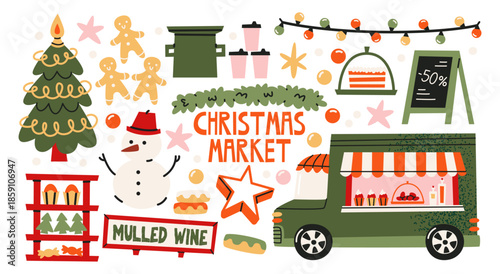 Christmas stickers in retro cartoon style. Holiday new year elements: gifts, candy canes, wreaths. Snowman, reindeer, car with presents, festive sweets. Illustration in retro cartoon style