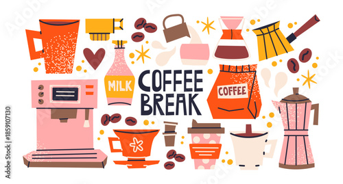 Coffee stickers set. Coffee makers, kettles, brewing, arabica coffee, glass, espresso, cappuccino, beans.Graphic cartoon doodle retro icons. Coffee shop patches