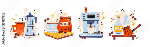 Coffee brewing tools compositions  in retro cartoon style. Moka pot, coffee beans and espresso machine icons, cozy café mood with handmade kitchen objects, warm morning routine atmosphere