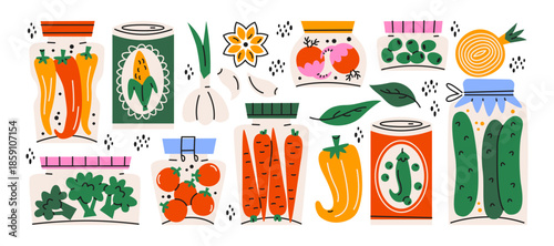 Home vegetable preserving jars in retro cartoon style. Carrots, cucumbers and peppers stored in glass containers, cozy homemade food mood, simple kitchen storage ideas, traditional pickling 