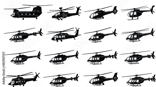 Helicopter silhouette set, military and civilian aircraft collection, aviation chopper icons for rescue, transport, patrol, emergency service, air travel, and flight design