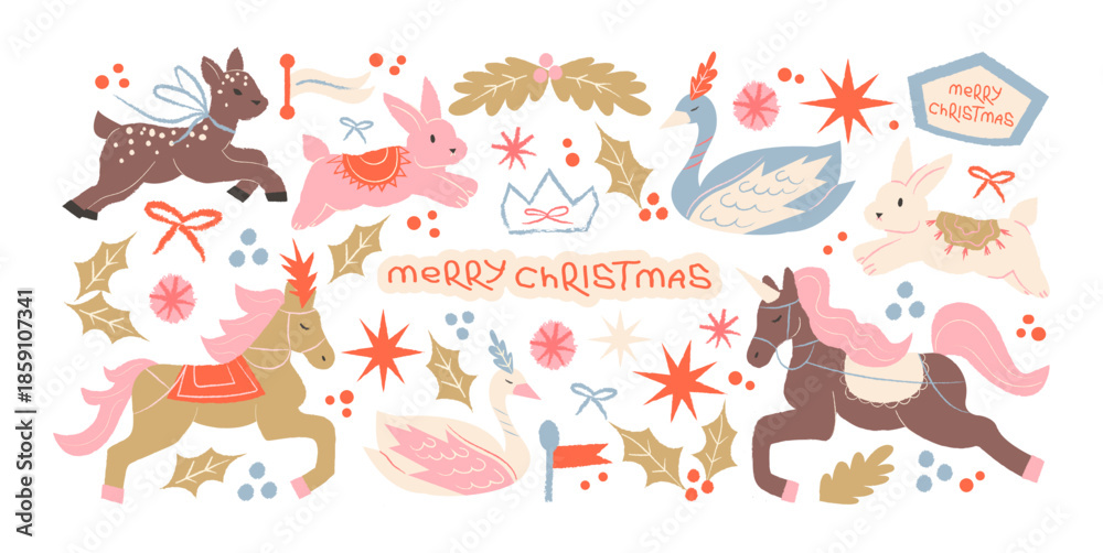 Fototapeta premium Christmas festive animal characters in retro cartoon style. Reindeer, horses and rabbits with stars, ribbons and holiday symbols, cozy winter mood inspired by folk tales and vintage postcards