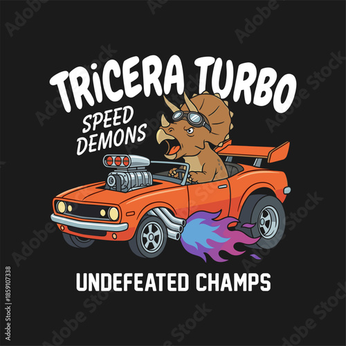 Triceratops Hot Rod Racing Team Graphic Illustration