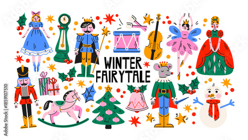 Winter fairytale Christmas stickers in retro cartoon style. Nutcracker characters, fairy figures, toys and festive symbols creating a cozy holiday story, magical winter mood and nostalgic celebration 