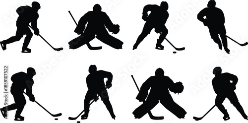 Ice hockey player silhouettes in action poses, professional skating moves, goalie saves, stick handling, sports vector illustration collection