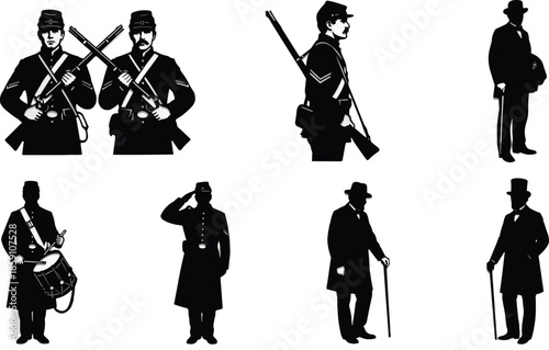 Historical soldier silhouettes, vintage military men, drummers, officers, classic gentleman figures, old-fashioned uniform characters, retro illustration icons for design