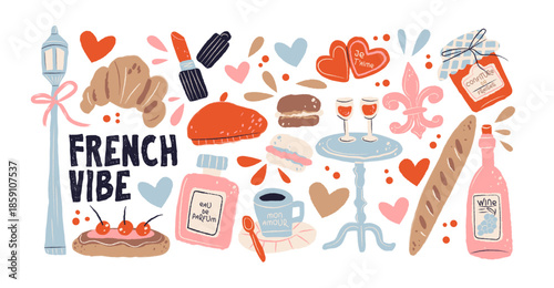 French vibe stickers in retro cartoon style. Collection with croissants, baguettes and cheese as traditional French bakery elements. Trendy illustration set about Paris, romance and cozy lifestyle.