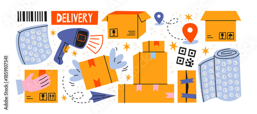 Delivery and shipping stickers in retro cartoon style. Cardboard boxes, barcode scanner and location pins, playful logistics mood with parcels, tracking symbols and packing details, parcel delivery