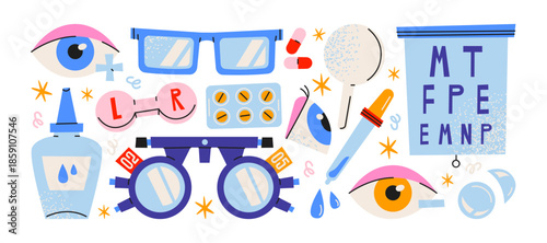 Ophthalmology eye care stickers in retro cartoon style. Vision testing tools with glasses, eye chart and medical symbols, visual language of eye health, optometry practice and eyesight diagnostics