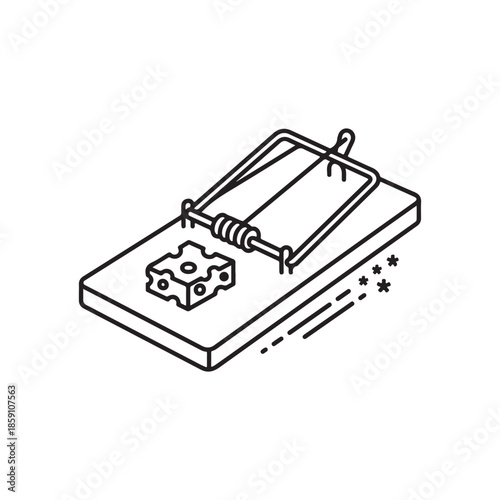 Isometric line icon of traditional wooden mousetrap set with piece of Swiss cheese bait on trigger plate structure