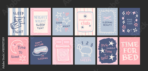 Cartoon good night posters. Cozy pajamas, bed, pillows, moon, bedtime. Trendy night illustrations in doodle retro style. Banners for wall and gift cards