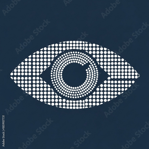 Abstract eye symbol made of white dots a minimalist graphic design element representing vision and perception isolated on a dark blue backgr
