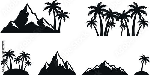 Mountain and palm tree silhouette set, tropical landscape icons, nature scenery elements for travel, adventure, beach design, outdoor illustration, and decoration
