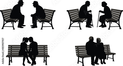 People sitting on bench silhouette set, elderly couple and young couple poses, park sitting illustrations for relationship, family, love, conversation themes