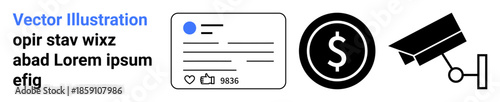 Social media, finance, privacy, surveillance, digital monitoring, online interaction. A social media card, dollar sign and security camera are . Privacy and surveillance concepts