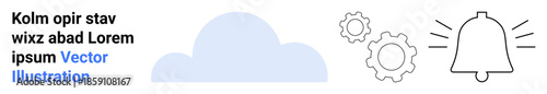 Technology, automation, notifications, cloud storage, system integration, user interface. Blue cloud, gear icons and a notification bell. Technology and automation concepts