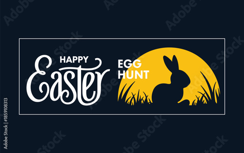 Happy Easter egg hunt with bunny silhouette and full moon
