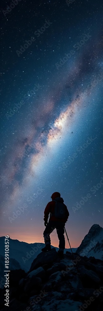 Fototapeta premium Summit climber gazes at Milky Way, a rewarding, solitary night , summit, beauty