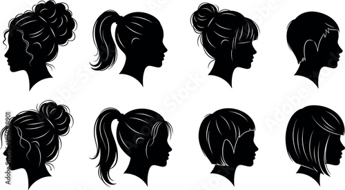 Set of female hair silhouettes in profile featuring various hairstyles including buns ponytails bobs short cuts curls and bangs for fashion