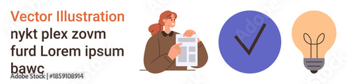 Project management, teamwork, idea generation, task approval, innovation, business planning. Woman holding a document with checkmark and lightbulb icons. Task approval and project management