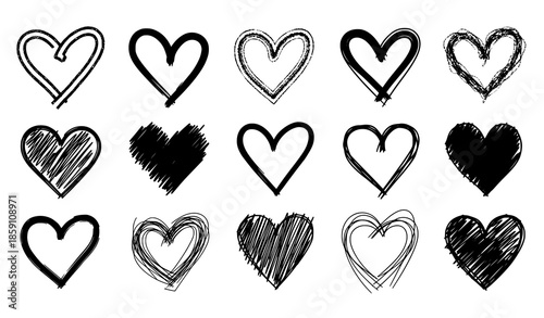 Grunge scribble heart shape vector illustration icon collection