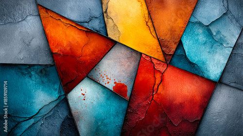 Abstract geometric pattern with vibrant colors including red, orange, blue, and gray. The design features sharp angles and a textured surface.