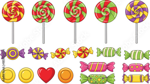 Colorful candy and lollipop vector set with wrapped sweets and round candies for kids, party and confectionery design