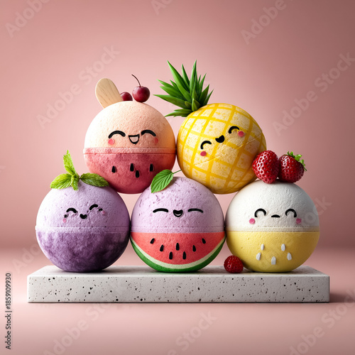 Colorful, cute ice cream scoops shaped like fruits. Includes strawberry, watermelon, pineapple, and blueberry flavors. Displayed on a white pedestal against a pink background.