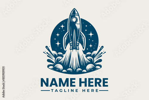 A blue vector illustration of a rocket ship launching into space with a starry night background and placeholder text for a logo or icon design.