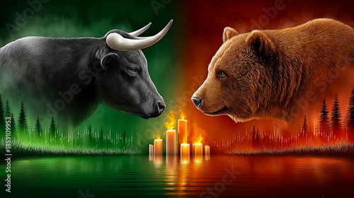 A bull and a bear face each other against a gradient background of green and red. Candles are lit in the center, symbolizing market trends and financial analysis.