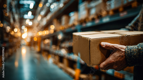 A person holds a cardboard box in a warehouse. Shelves filled with packages are visible in the background. The scene represents delivery and logistics.
