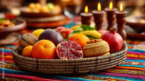 A woven basket filled with colorful fruits including oranges, pomegranates, and bananas. Candles are lit on a table decorated with a vibrant cloth, symbolizing Kwanzaa.