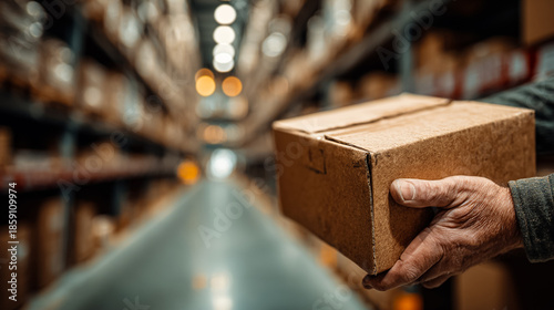A hand holds a cardboard parcel in a warehouse. Shelves filled with boxes line the aisle. The setting is well-lit and organized, emphasizing delivery and logistics.