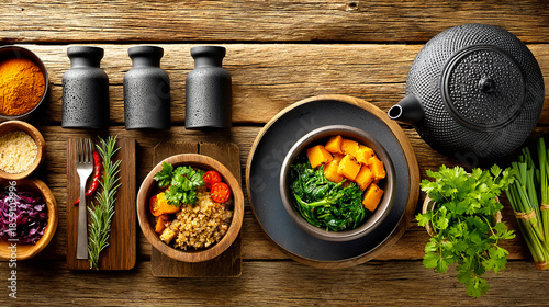 A top-down view of a wooden table with various bowls of healthy food, including greens, grains, and spices, alongside a teapot and herbs.